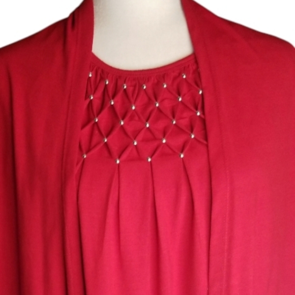 Sag Harbor Embellished Cami-Look Red Blouse Attached to Short Sleeve Jacket - Picture 3 of 7